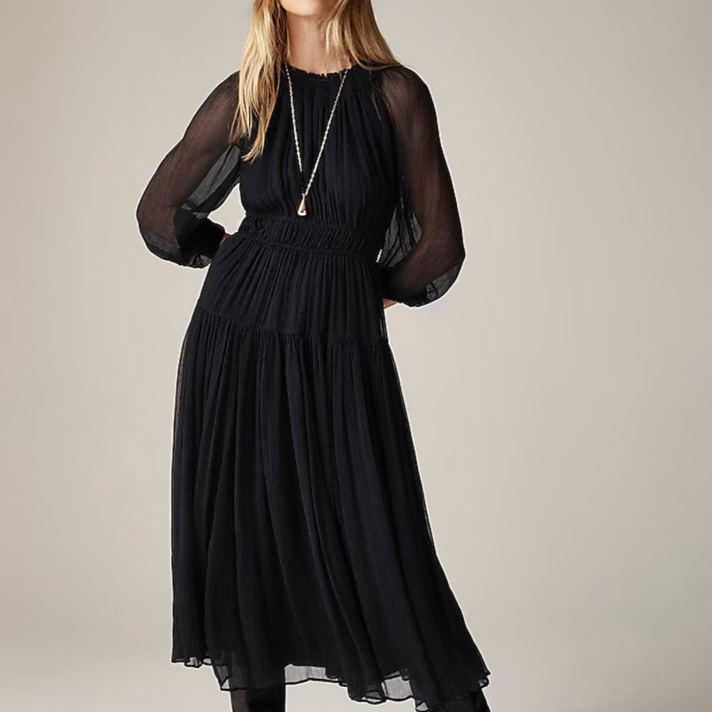 J.Crew Isabella LS Crinkle Chiffon Sheer Dress Black XXS